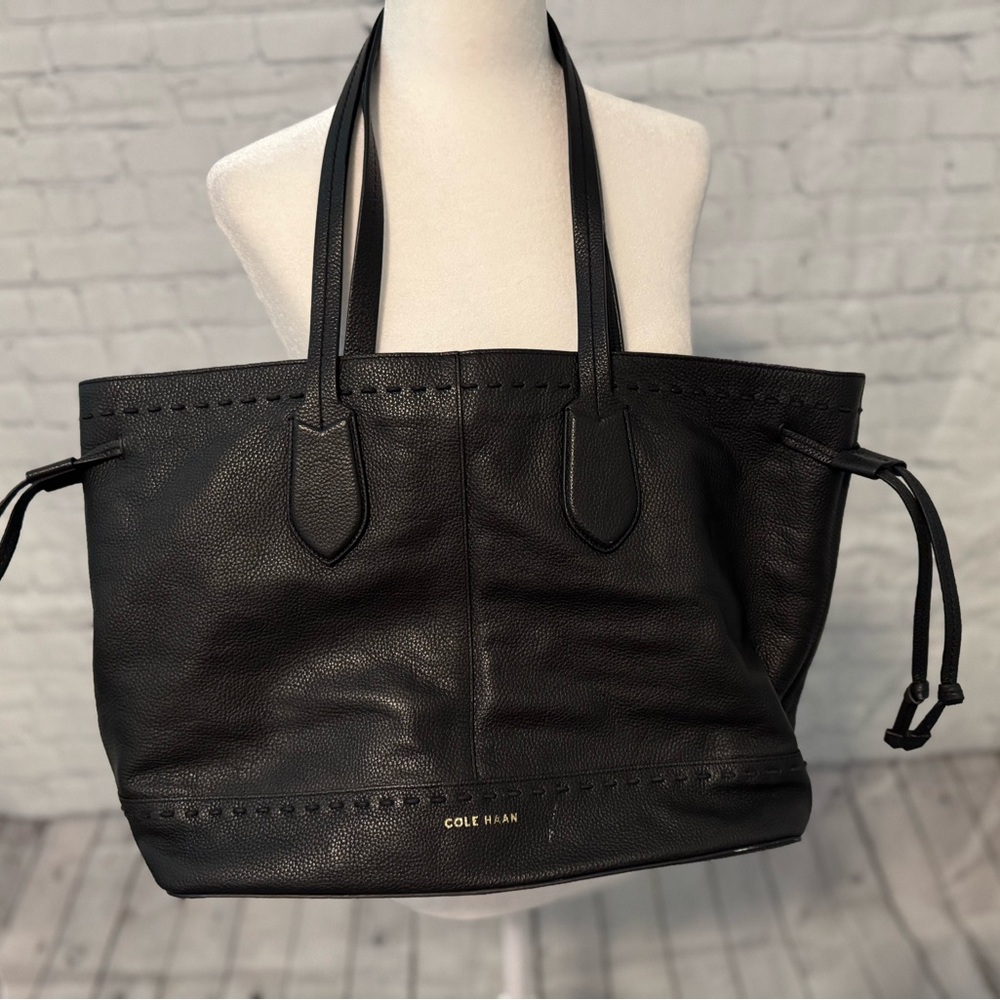 Cole Haan Black Pebbled Leather Tote with Drawstring Details